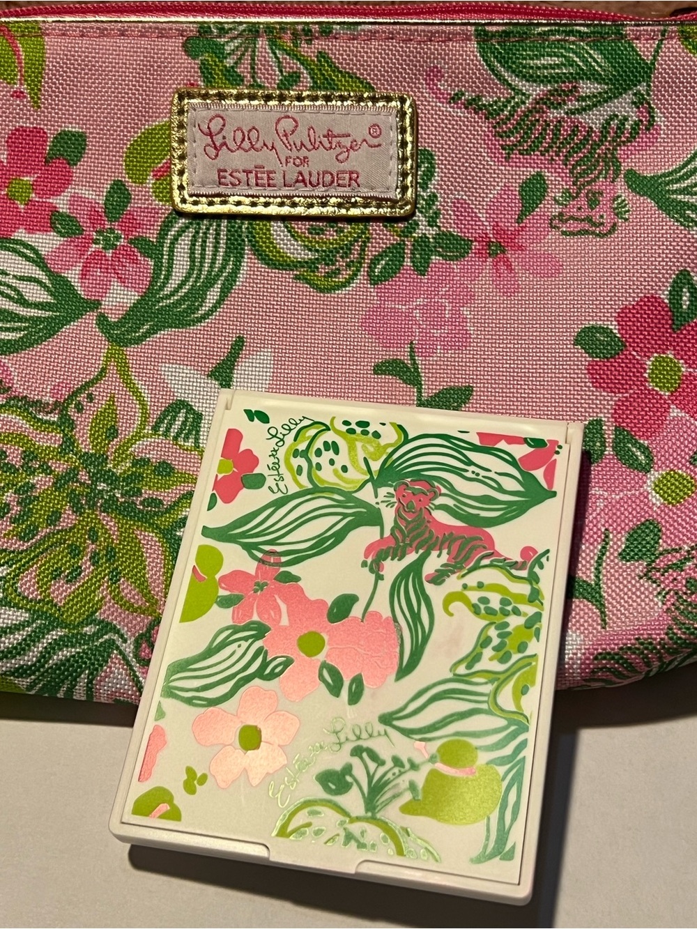 Lilly Pulitzer Pink Floral Cosmetic Pouch Green &White Accents & Compact Mirror